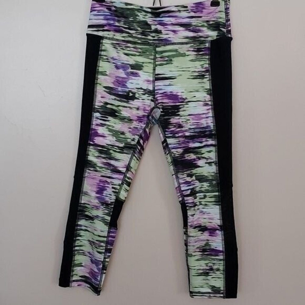 Abstract Print Mesh Panel Cropped Leggings Purple Green Yoga Activewear Gym S